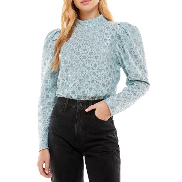 REVOLVE WAYF Lace Puff Sleeve Top Powder Blue XS - Picture 1 of 8